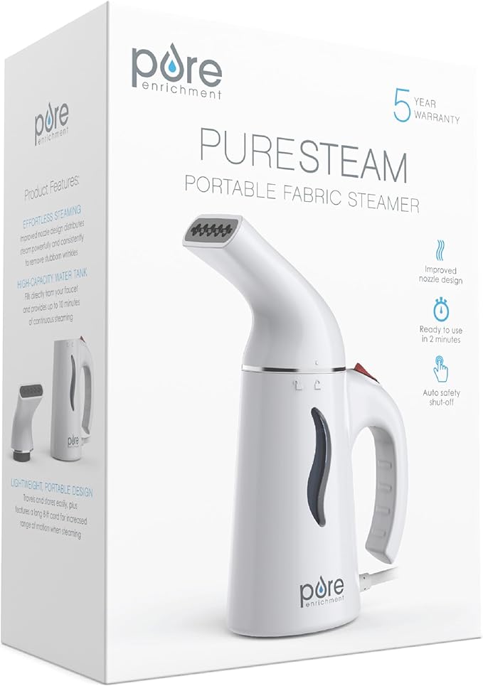 Pure Enrichment PureSteam Portable Fabric Steamer - Handheld Travel Garment Steamer Removes Wrinkles & is Safe on All Fabrics - Fast-Heating, Lightweight, Auto Safety Shut-Off, & Long Cord (White)