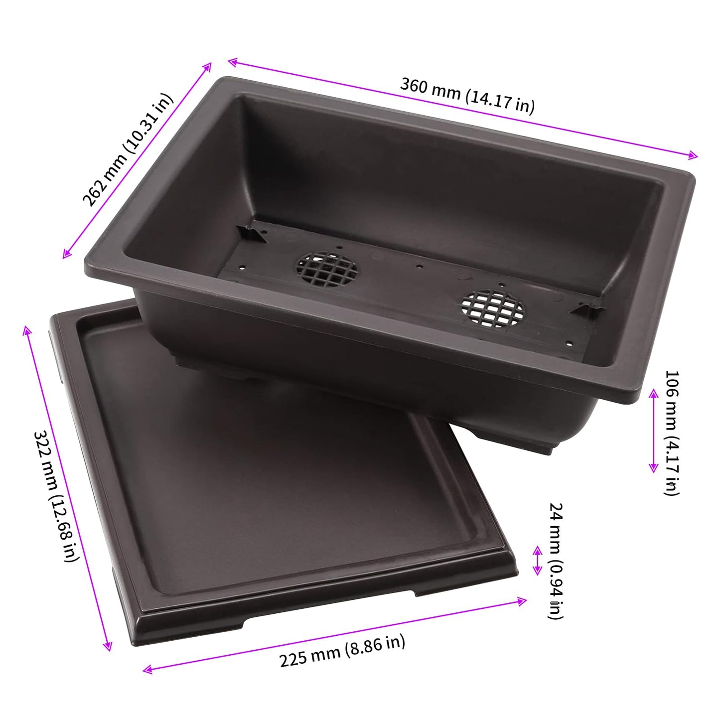 JEUIHAU 4 Pack 14 Inch Bonsai Training Pots with Tray, Rectangular Plant Pot with Drainage Hole, Brown Bonsai Tree Pot, Plastic Bonsai Planter Pots for Succulent, Herb, Flower, Potted Plant