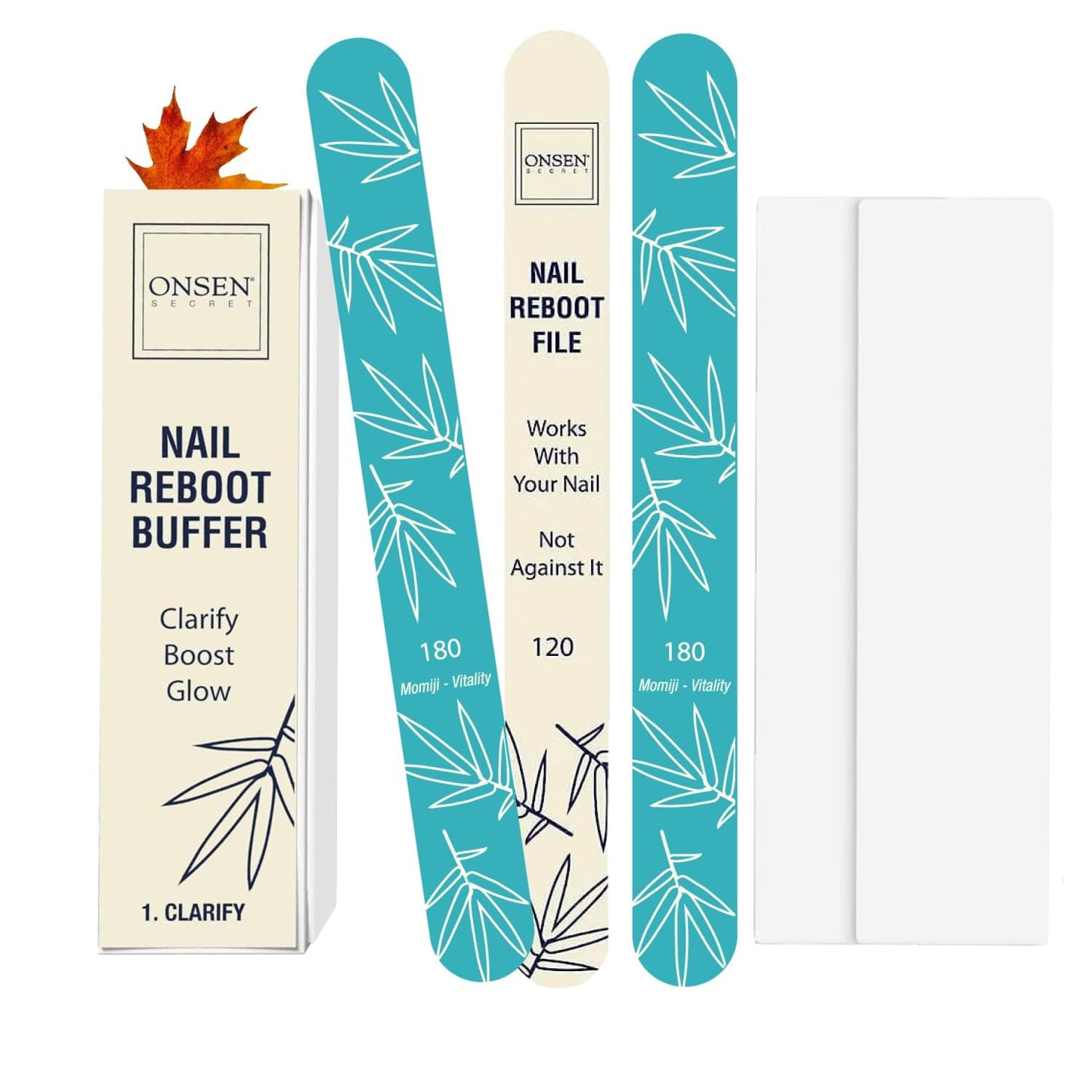 Onsen Japanese Nail Shape & Shine Kit | 3-Way Nail Buffer Block w/ 2 Extra Pads & 6-Pack Professional File 120/180 Grit for Natural and Acrylic Nails | Shape and Shine Series - Super Value Bundle