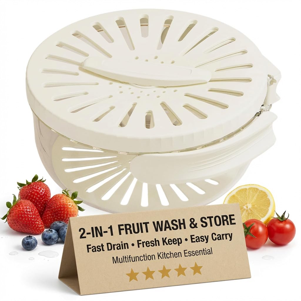Mesh Fruit Basket Straine, Cleaner Bowl with Lid, 2-in-1 Draining and Preservation Spinner, Multifunctional Vegetable Washer Colander with Foldable Handle for Kitchen Counter