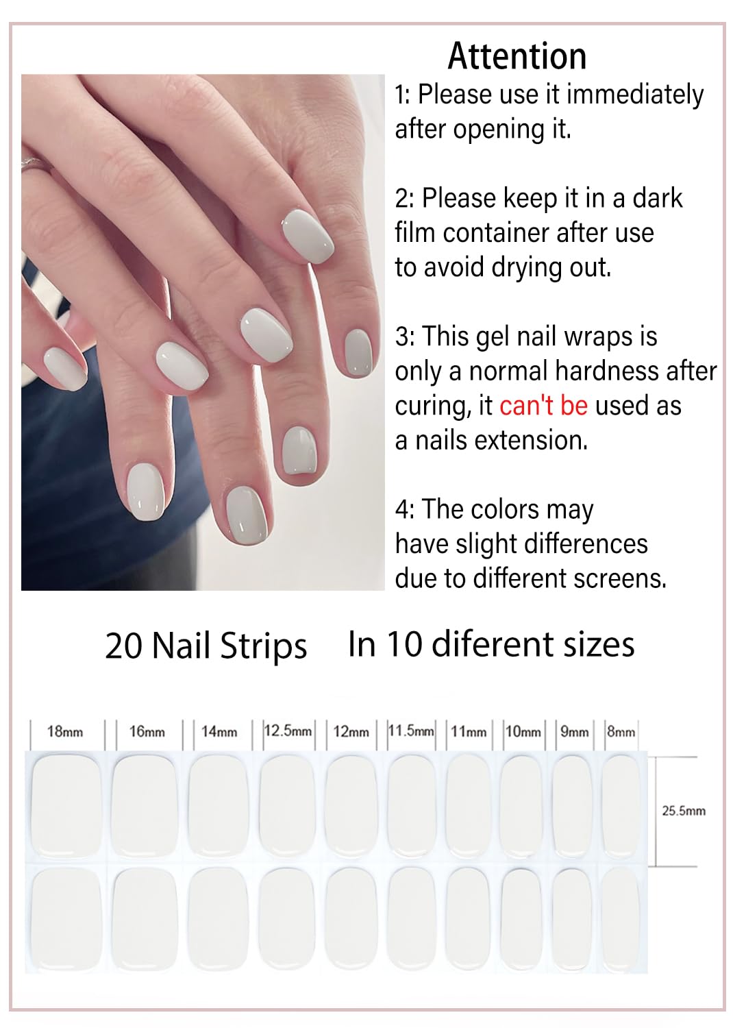 Semi Cured Gel Nail Strips, Milky White 20pcs Adhesive UV Sticker, Wraps for Home Manicure DIY