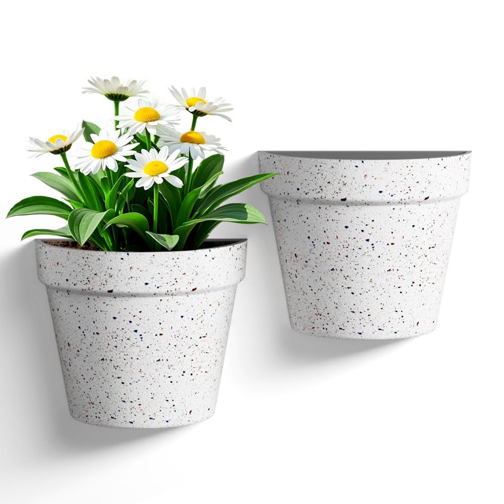 Asnext 2 Pack Plastic Wall Planter for Indoor Plants, 7.5 Inch Hanging Wall Planter Pots, Wall Mounted Succulent Planters (Speckled White)