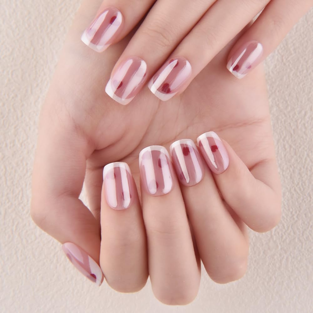 evpct French Tip Press On Nails Short Square, Pink + White Tips & Heart, Chrome Glazed Glossy Short Square Fake False Press on Nails, Reusable Gel Stick on nail Press ons with Nail Kit Salon Quality