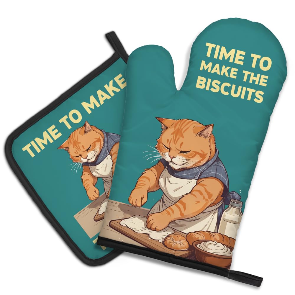 DYJYBMY Time to Make The Biscuits Funny Cat Oven Mitts and Pot Holder Set, Cute Kitchen Gadgets for Pet Lover, Housewarming Gifts for Cat Mom Dad, Bake Lover Gifts for Mom Dad Wife Husband BFF (LLS)