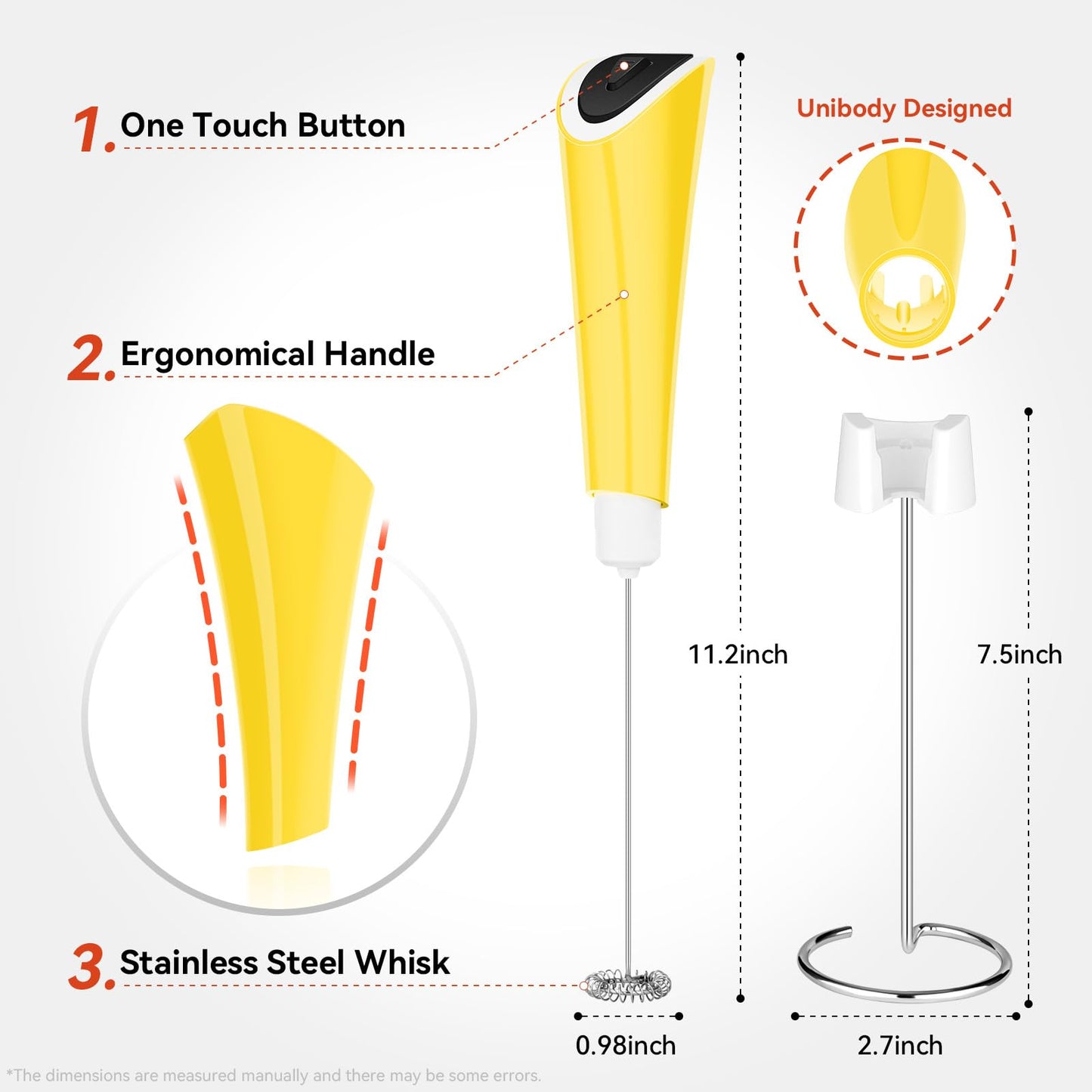 Commonfrog Powerful Milk Frother for Coffee, Fast Handheld Drink Mixer with Stainless Steel Whisk, Battery Operated Hand Frother Stirrer Wand-stand- yellow