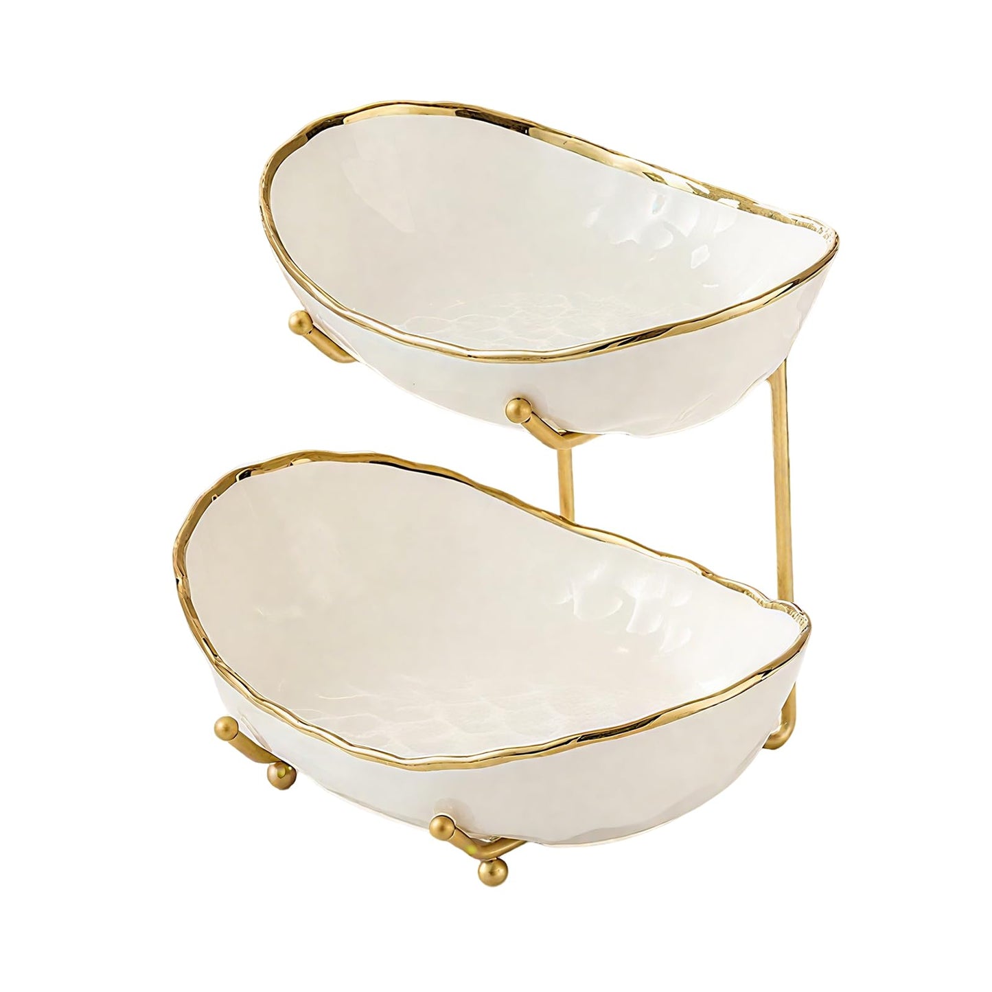 jessie 2 Tier Ceramic Fruit Bowl for Kitchen Counter with Metal Rack, Fruit Basket with Stand, Porcelain Bowls for Vegetable Bread Candy Snack Nuts Dessert Cake Tray (Gold 2 layer)