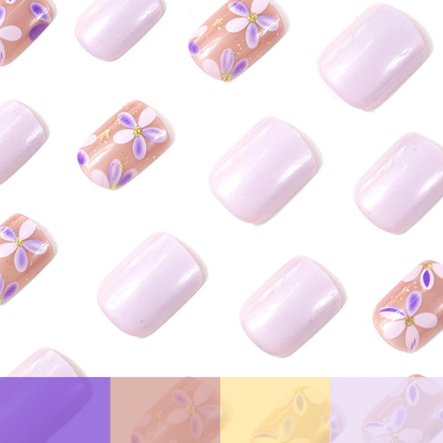 Short Square Press on Nails Cute Purple Floral Design Fake Nails 24Pcs Spring Summer Flower Press on False Nails Glossy Acrylic Glue on Nail Light Purple Stick on Nail for Women Manicure
