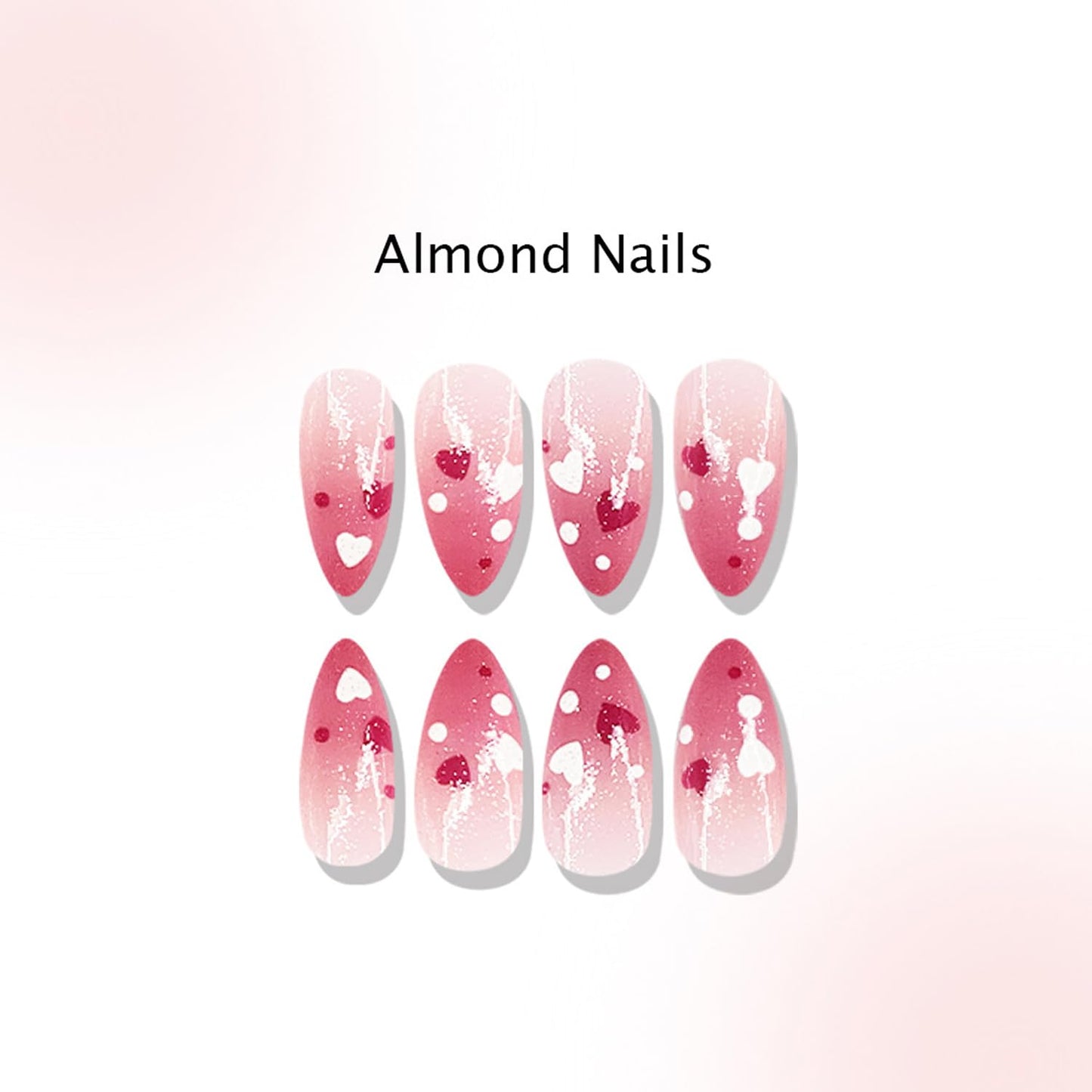 24Pcs Valentines Press on Nails Medium Almond Fake Nails Heart Polka Dots False Nails Glitter Sequins Full Cover Pink Smudge Glossy Reusable Holiday Gel Acrylic Stick on Nails for Women Manicure Decor