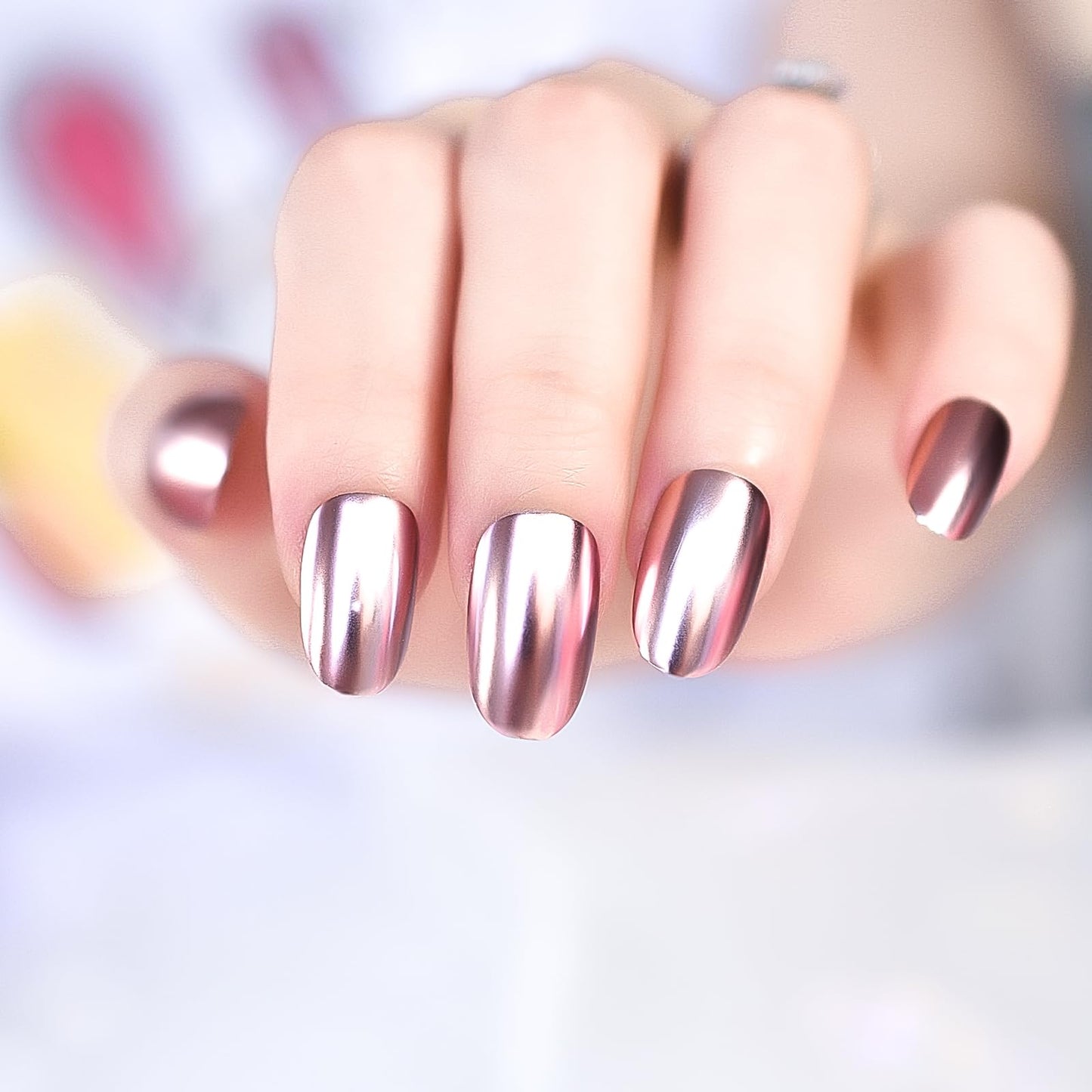 Pink Metal Mirror Press on Nails - iMABC False Nails - Oval Short Length Chrome Designed Finger Daily Wear Nail Acrylic Reusable Full Cover Solid Color Artificial Fake Nails 24pcs