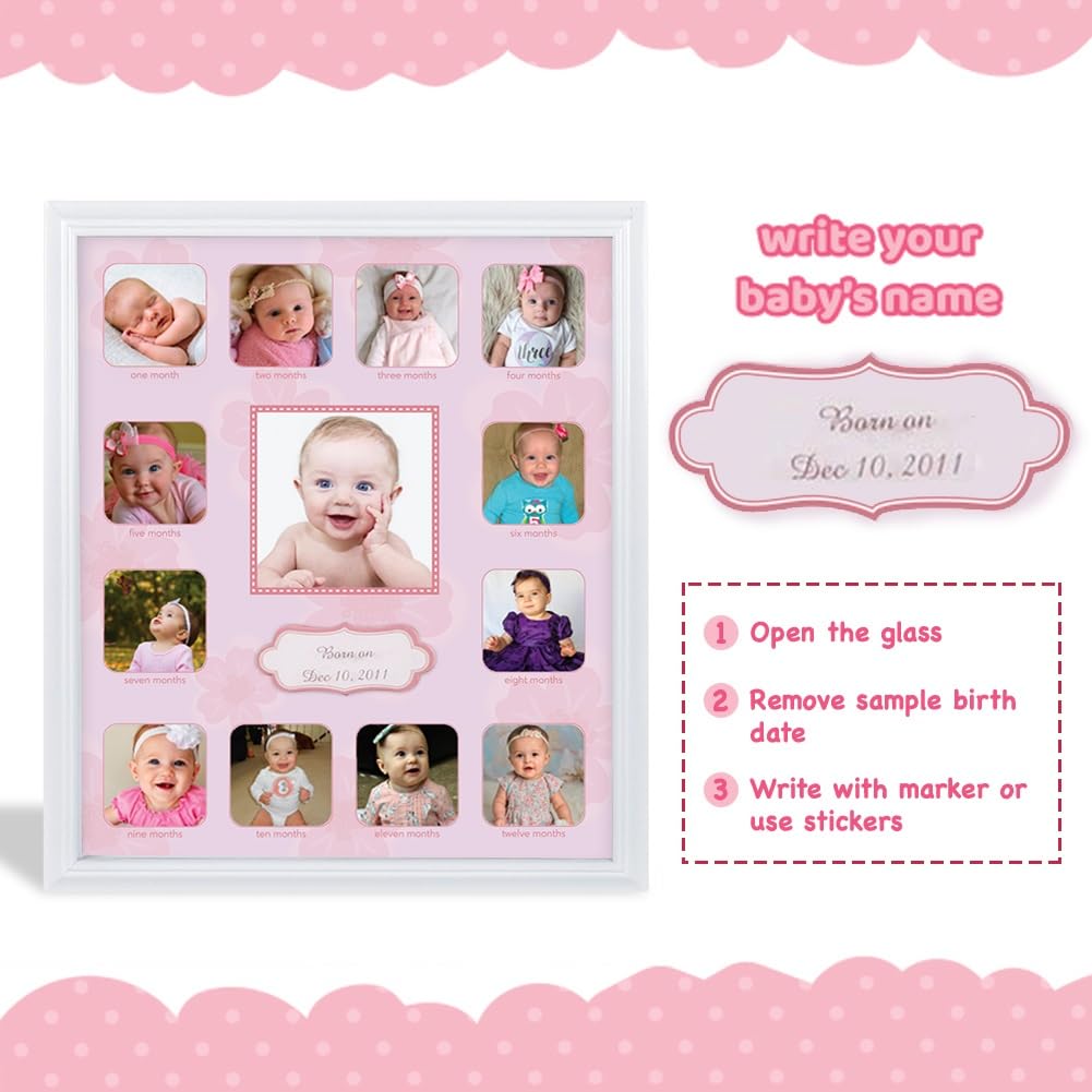Comfecto 12 Month Baby Picture Frame Collage, Babies First Year Photo Frame, First Year Baby's Memory Frame, Milestone Keepsake Display for Newborn, Baby Registry Gift for Expecting Parents, Pink