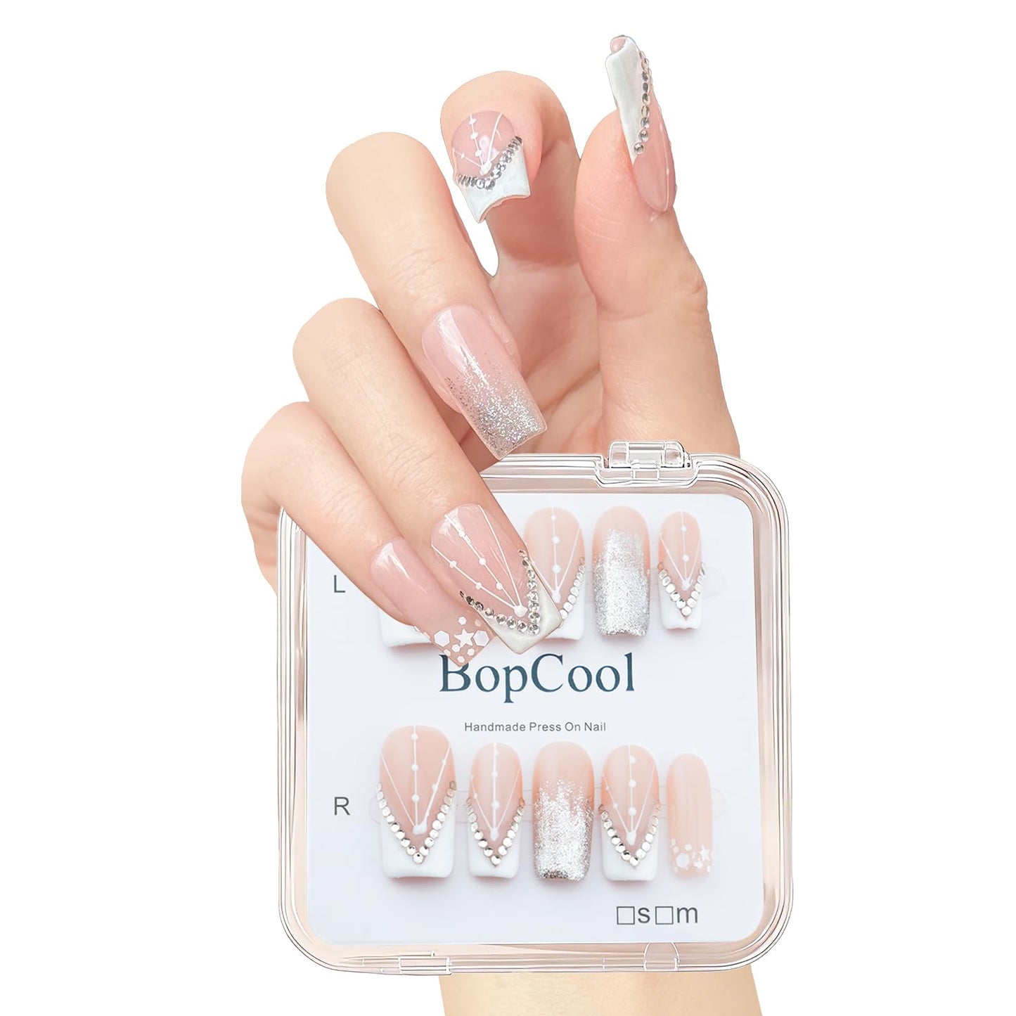 Luxury Handmade Press-on Nail Art – 3D Rhinestone Silver Glitter False Nails，Nude Gradient French Acrylic Nails， Reusable Self-Adhesive White Fake Nails.(M-10PCS)