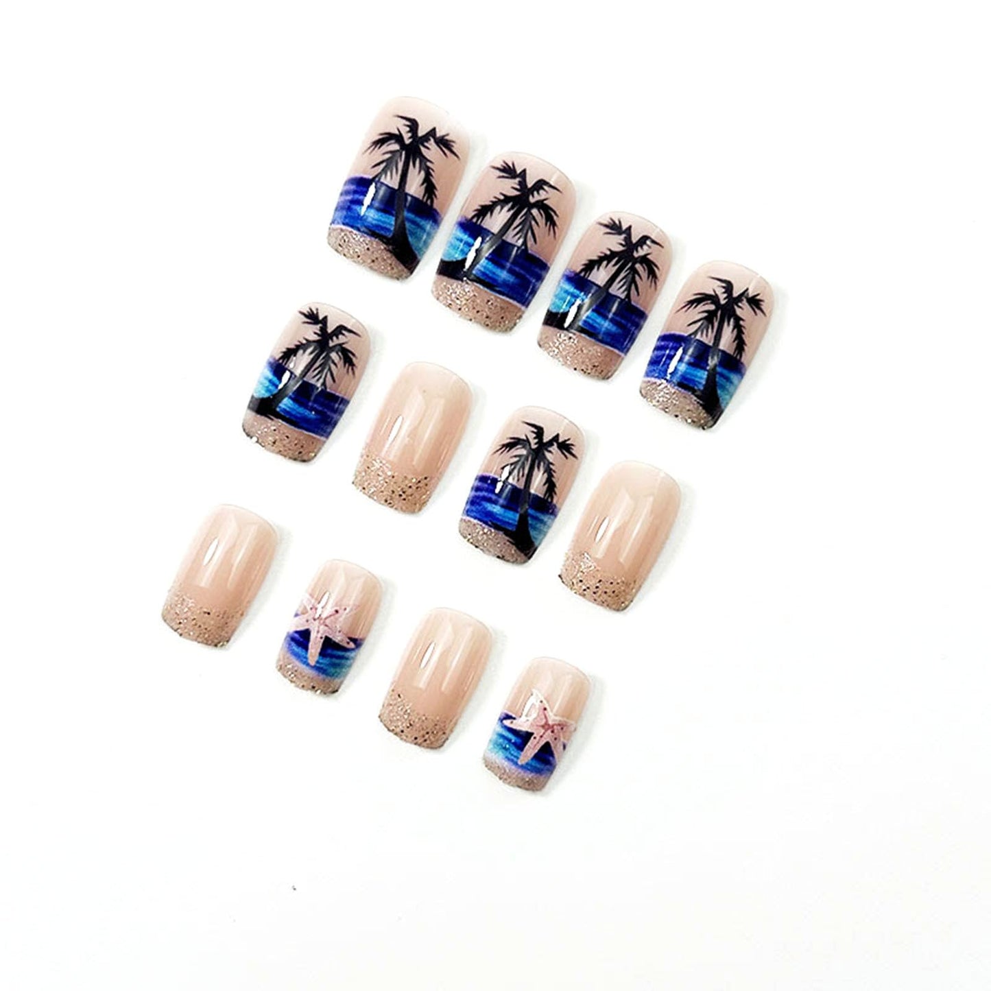 Summer Press on Nails Medium Square Fake Nails with Black Coconut Trees Stars Golden Glitter Designs Glossy Nails Press ons Nude Glue on Nails Acrylic Artificial Stick on Nails for Women 24Pcs