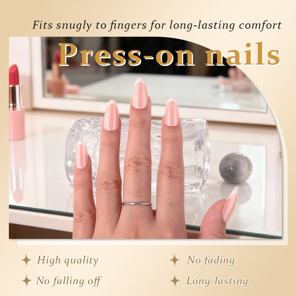 evpct French Tip Press On Nails Almond Medium, Warm Pink + Wihte Tips, Chrome Glazed Glossy Medium Almond Fake False Press on Nails, Reusable Gel Stick on nail Press ons Nail Kit, Salon Quality