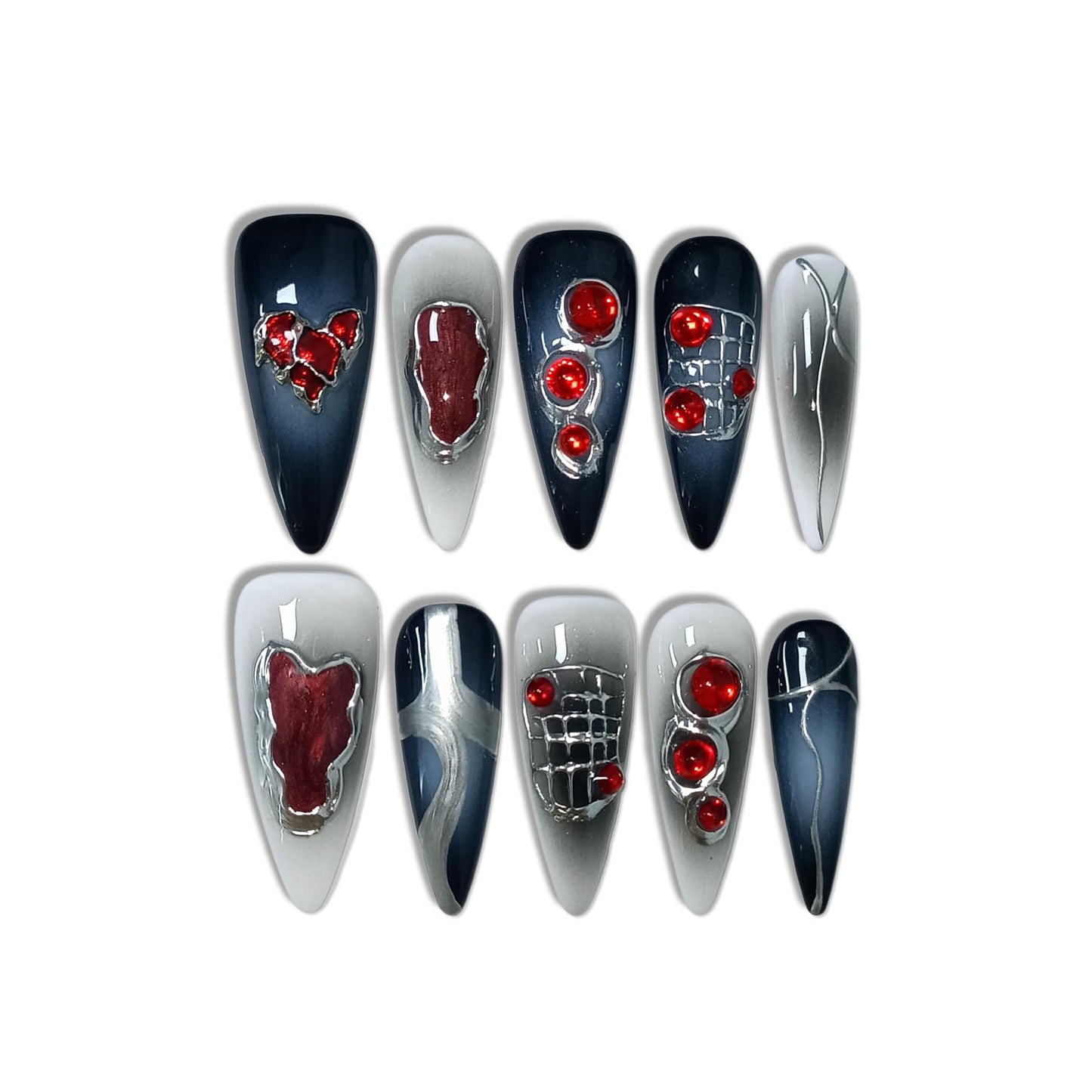 TENPAL Halloween Vampire Nails,Gothic Press On Nails Long Stiletto With Tools,Black Dark Ombre Fake Nails with Red Gems,10Pcs Hand-Painted Glossy Acrylic Glue on Nails for Women Parties Events(XS)