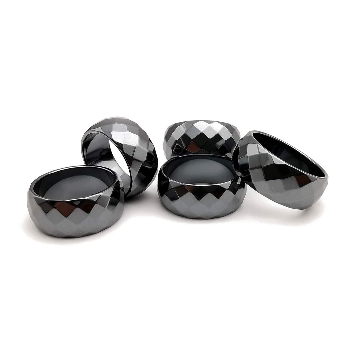 Morchic 5Pcs Pack Hematite Stone Rings for Women & Men, Unisex Faceted Set (10mm Width) - Mixed Sizes 8-12, Chakra Balancing, Polished Gemstone, Gift Ready