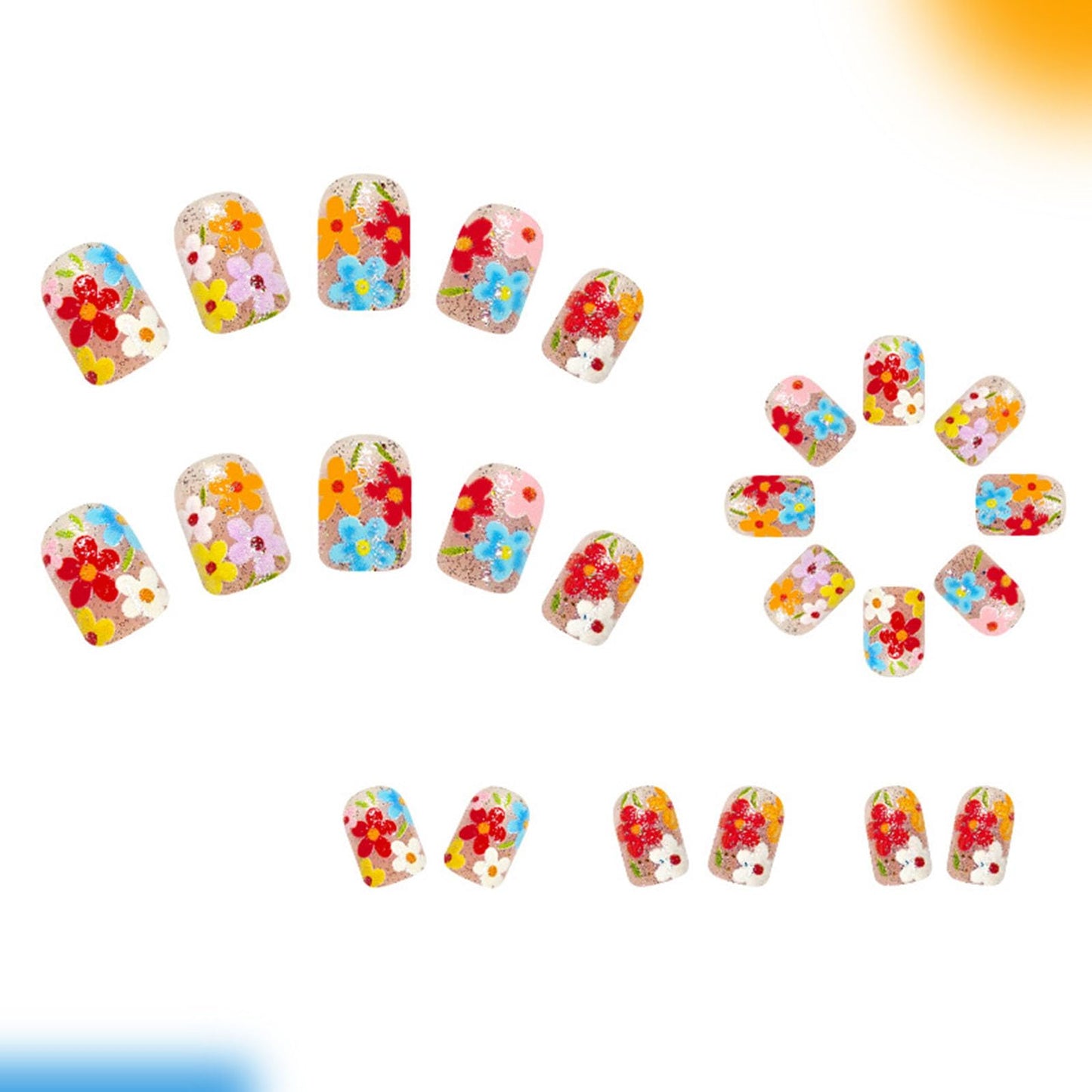 Square Press on Nails Short Fake Nails with Glitter Flower Designs Nails Press ons Colorful Glue on Nails Glossy Acrylic Nails Cute False Nails Spring Summer Stick on Nails for Women 24Pcs