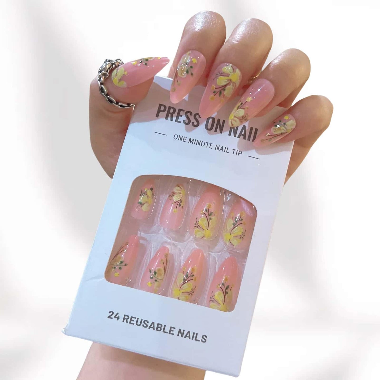 French Press on Nails 24 Pcs Fake Nails Short Almond with Yellow Flower Designs Glue on Nails Full Cover Acrylic Nails Reusable Stick on Nails Glossy Artificial Nails for Women