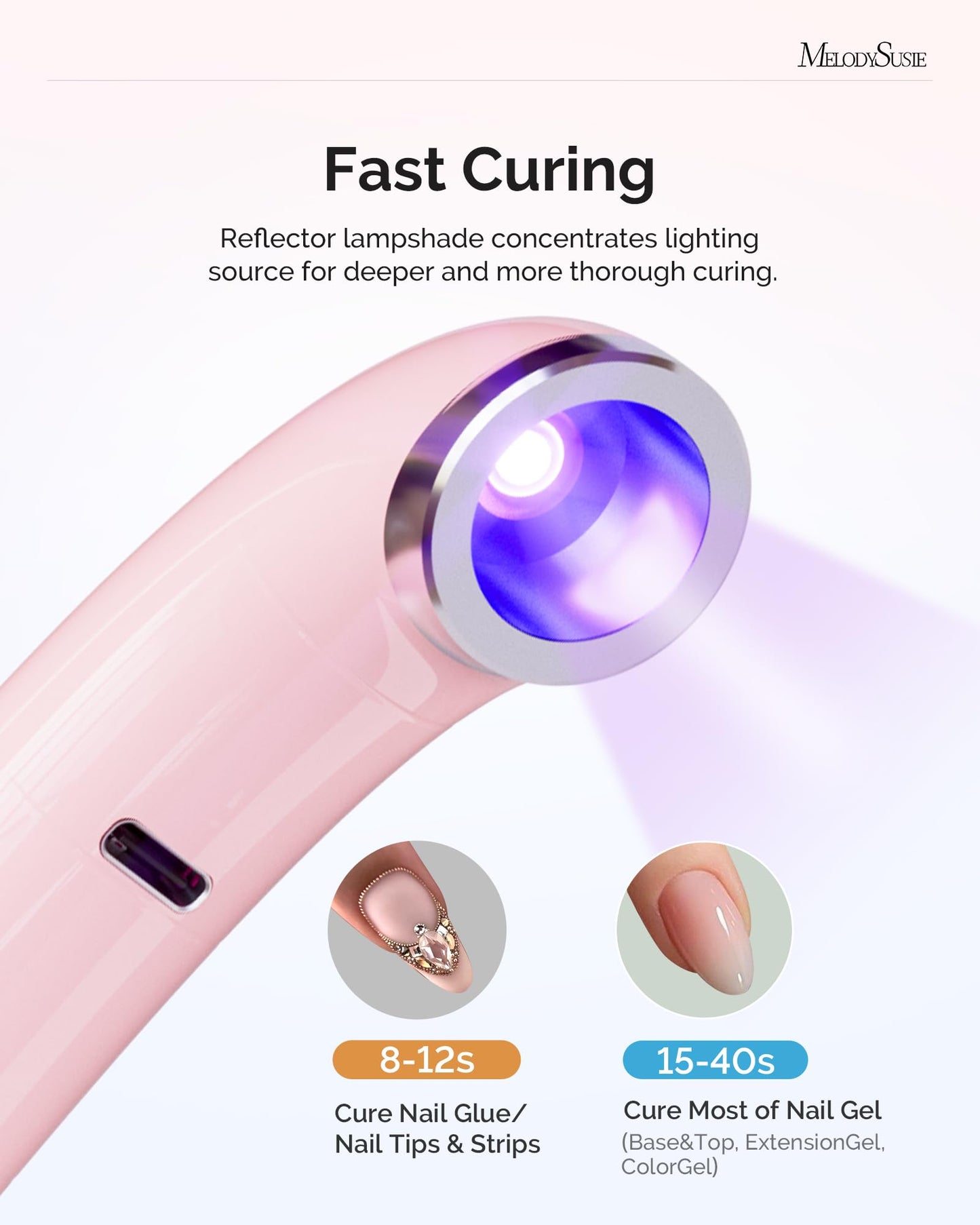 MelodySusie Ergonomic Handheld Cordless UV Nail Lamp with LCD Display & 2 Timers, P-Art01A Rechargeable Mini UV LED Light Flash Cures All Soft Gels, Especially Rhinestone Glue & Liner Gel Pink