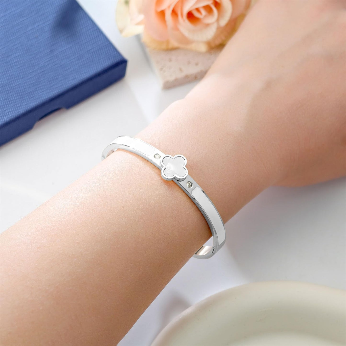 KYJAC 18k Gold Plated Stainless Steel Four Leaf Clover Bracelet for Women - Non-Tarnish, Precision Polished Chunky Oval Bangle in Black, White, Pink, Red Clover Bangle(Silver White Bangle)