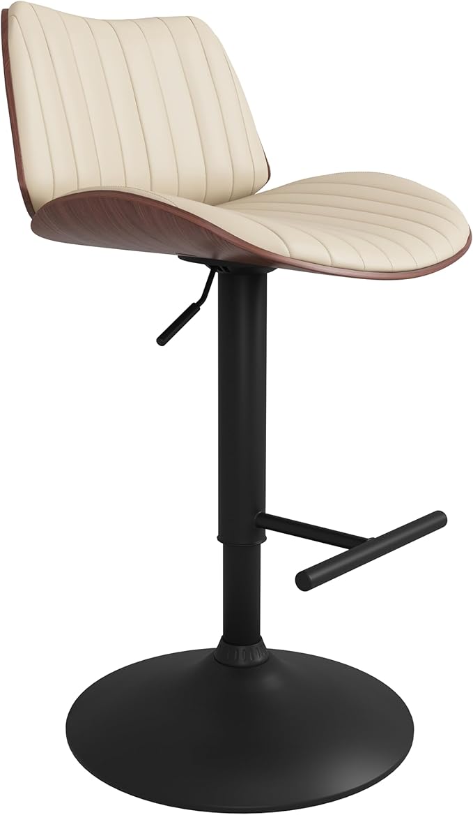 SIMPLIHOME Goulding Adjustable Swivel Bar Stool - 33 inch Seat Height Upholstered Metal Chair in Cream Vegan Faux Leather, Mid Century Seating for Kitchen or Bar with Curved Bentwood Back