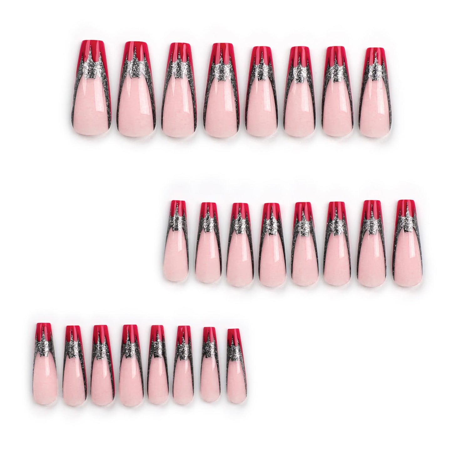 Vezocim Red Press on Nails Coffin Long French Tips Glossy Full Cover Acrylic Square Fake Nails with Bat Designs Extra Long Artificial False Nails Glue Stick on Fingernails with Charm for Women