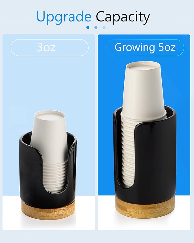 5oz Ceramic Bathroom Cup Dispenser (2nd Generation) Dixie Holder-Disposable Paper Holder for Rinsing Cups on Vanity Countertops (2 Pack, Black) (V15007)