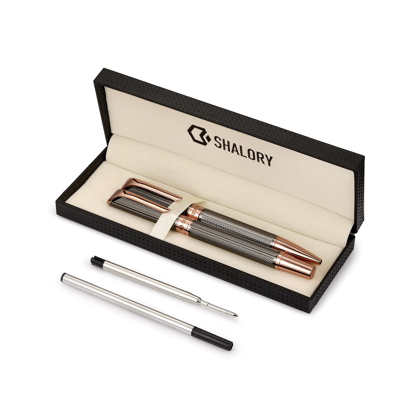 SHALORY Ballpoint and Rollerball Pen Set, Stylish Line Engraved Metal Pen Elegant Smooth Writing Gift Pen (2 Pens with 2 Extra Refills)