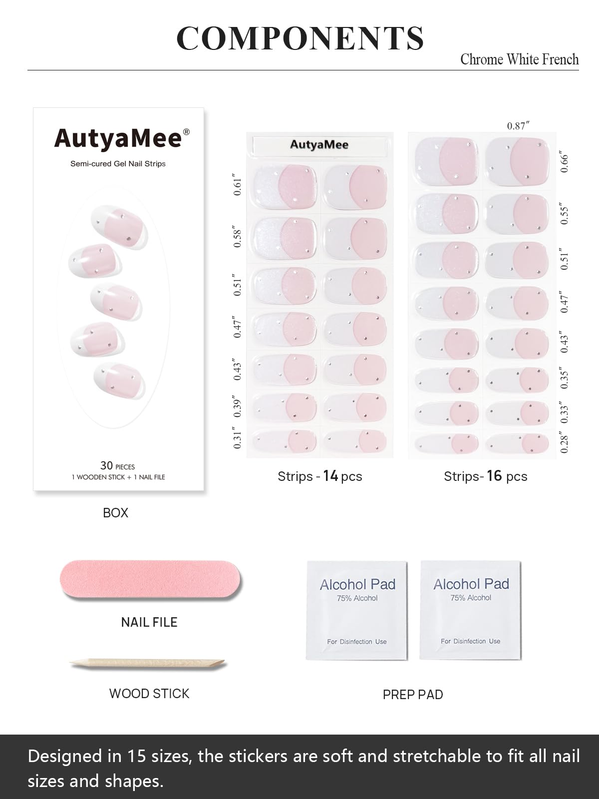 AutyaMee Semi Cured Gel Nail Strips (Chrome White French), Pearls, Glazed Donut, 30 Pcs Gel Nail Wraps, Stickers, UV Light Required