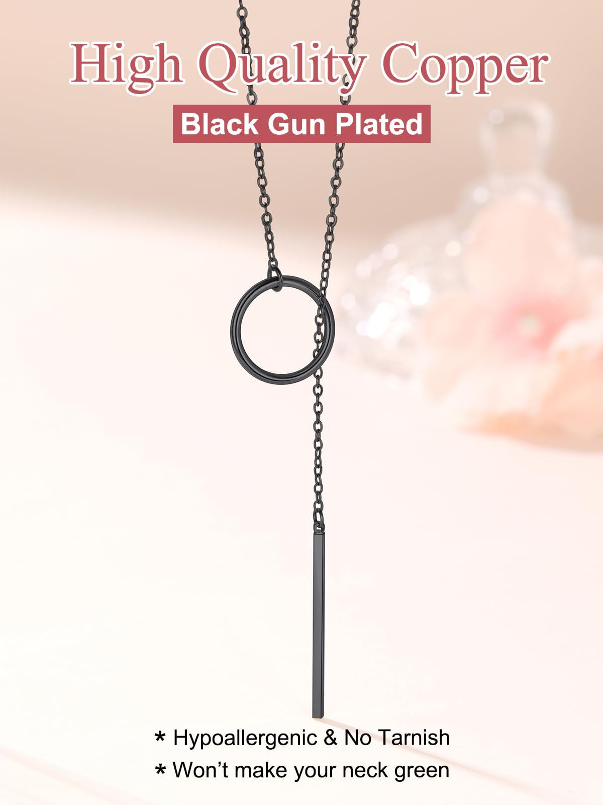 FOCALOOK Long Black Necklaces for Women Custom Engraved Personalized Drop Bar Pendant Larait Y Necklace