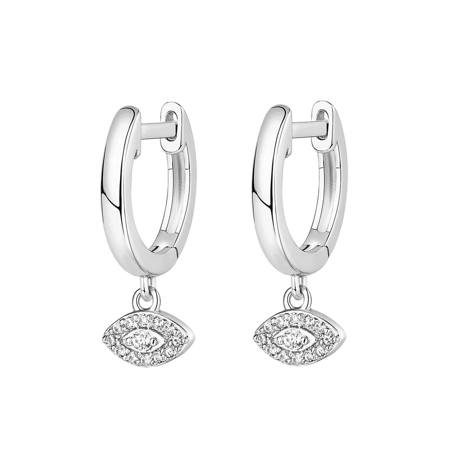 PAVOI Rhodium Plated 925 Sterling Silver Post Good Luck Dangle Huggie Hoop Earrings For Women - Trendy Evil Eye Drop Hoop Earrings - Cubic Zirconia Small Hinged Huggies
