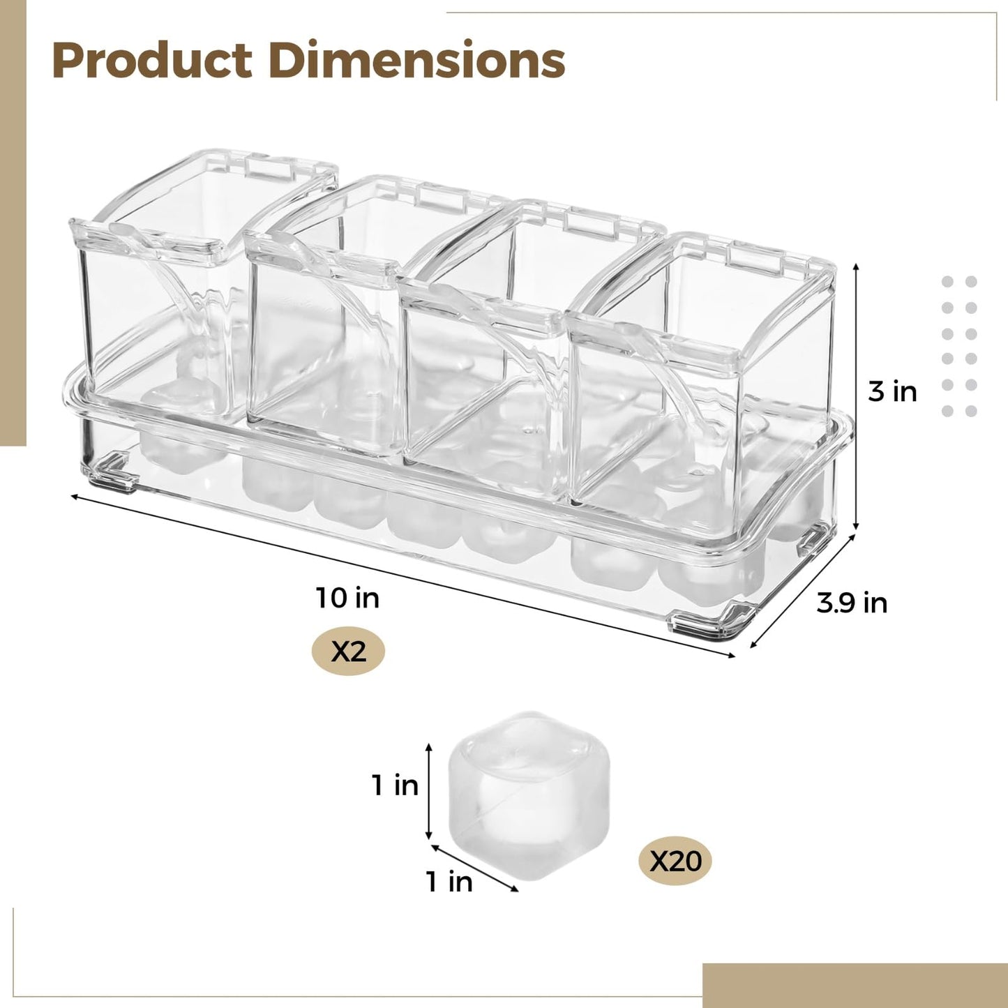 2 Pcs Ice Chilled Condiment Caddy, 4-Compartment Seasoning Box, Includes Base, 4 Spoons, 20 Reusable Ice Cubes, Clear PS, 3.9 x 10 x 3 in, Condiment Server With Lids for Taco Bar, Parties
