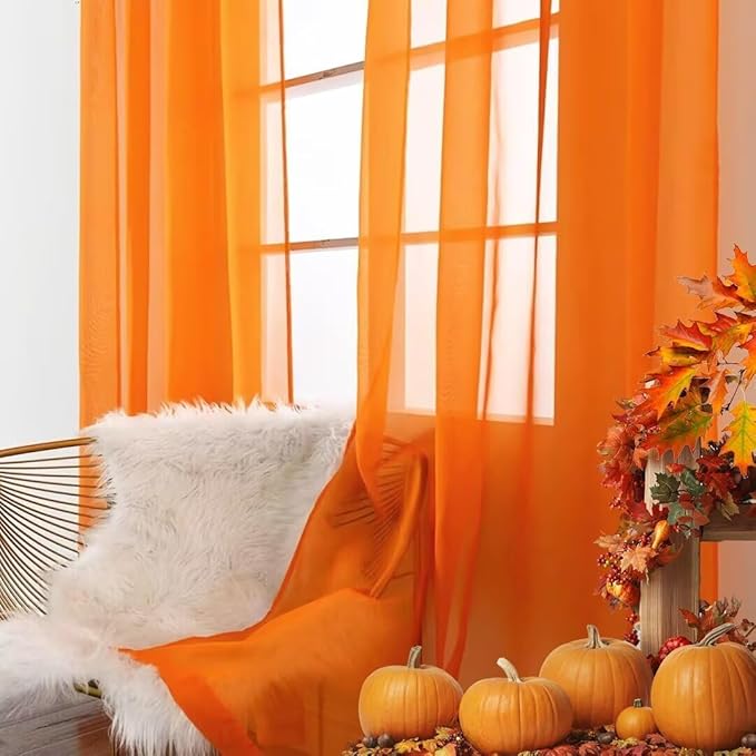 SpaceDresser Basic Rod Pocket Sheer Voile Window Curtain Panels Orange 2 Panels 52 Width 45 Inch Long for Kitchen Bedroom Children Living Room Yard(Orange,52 W x 45 L)