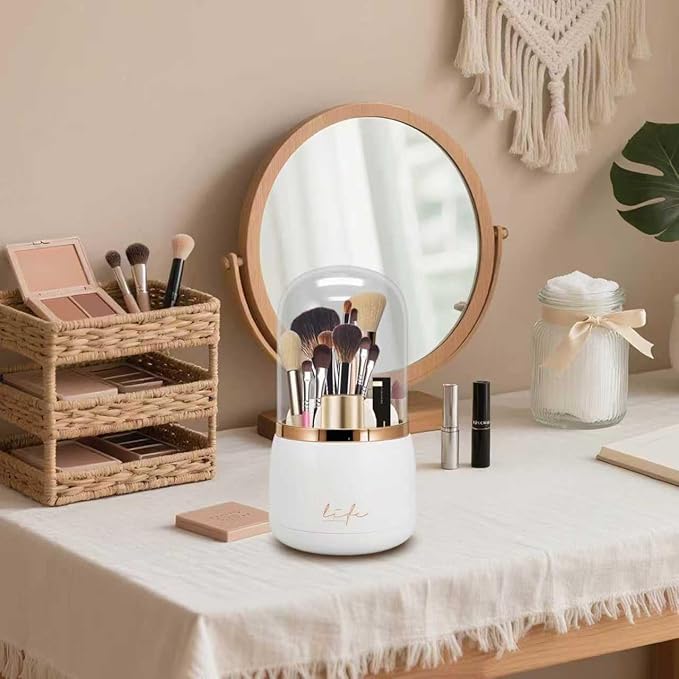 Toothbrush Holders with Cover,Dustproof 360 Rotating 7 Slots Toothpaste Holder for Bathroom Organizer Countertop,Makeup Brushes Organizer,Bathroom Accessories (White)