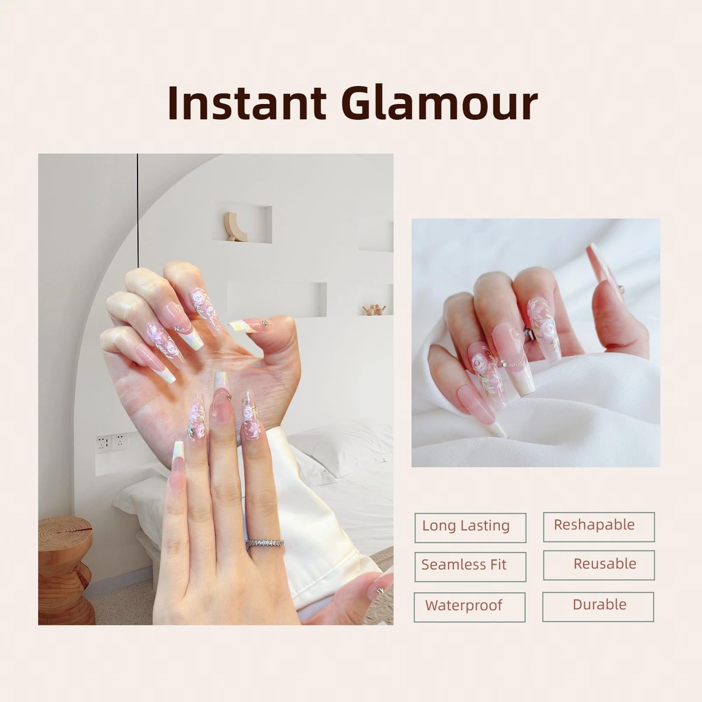 LARSOOY Nails Handmade Press on Nails Long Coffin | Handmade nails with flowers | Reusable hand painted Nails with Design | False Nails 10 Pcs (Rosa Multiflora, M)