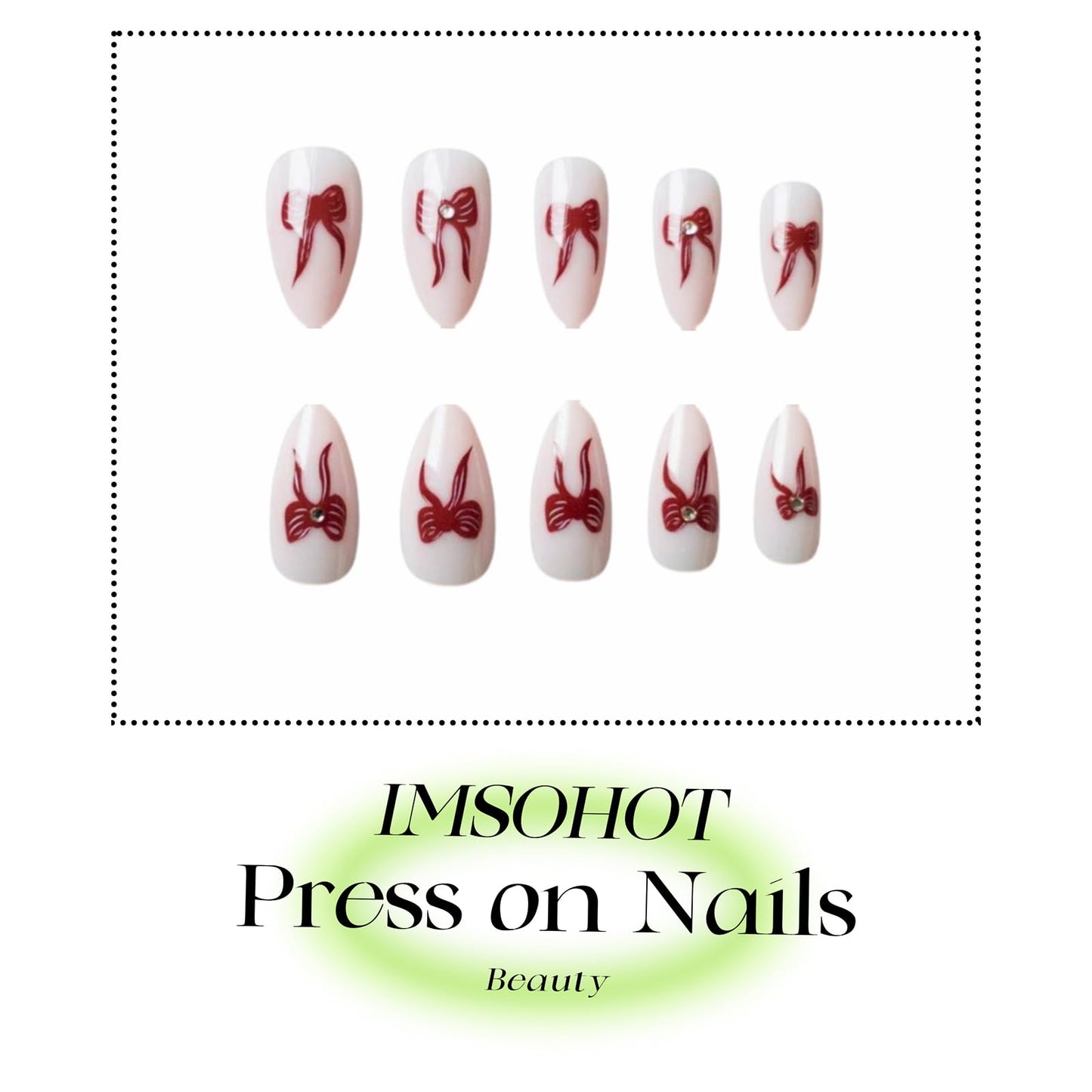 IMSOHOT Press on Nails Medium Almond Fake Nails with Red Bow Design Nude Glossy Full Cover Acrylic False Nails for Women Girls Manicure 24Pcs