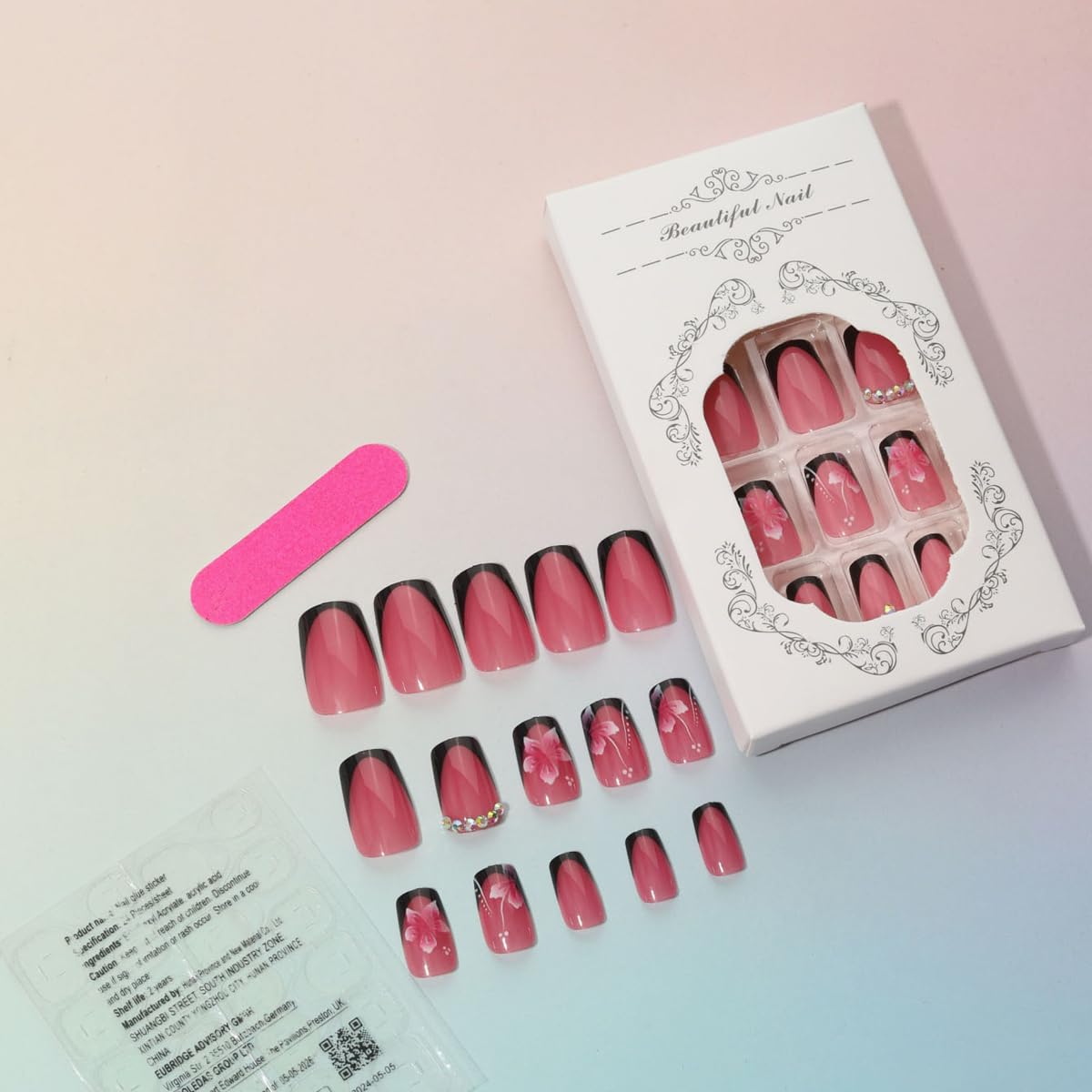 Square Press on Nails Medium, Black French Tip Fake Nails with 3D Rhinestone & Flower Design Glossy Nude False Nails Press ons Full Cover Glue on Nail for Women Nail Art Decoration 24Pcs