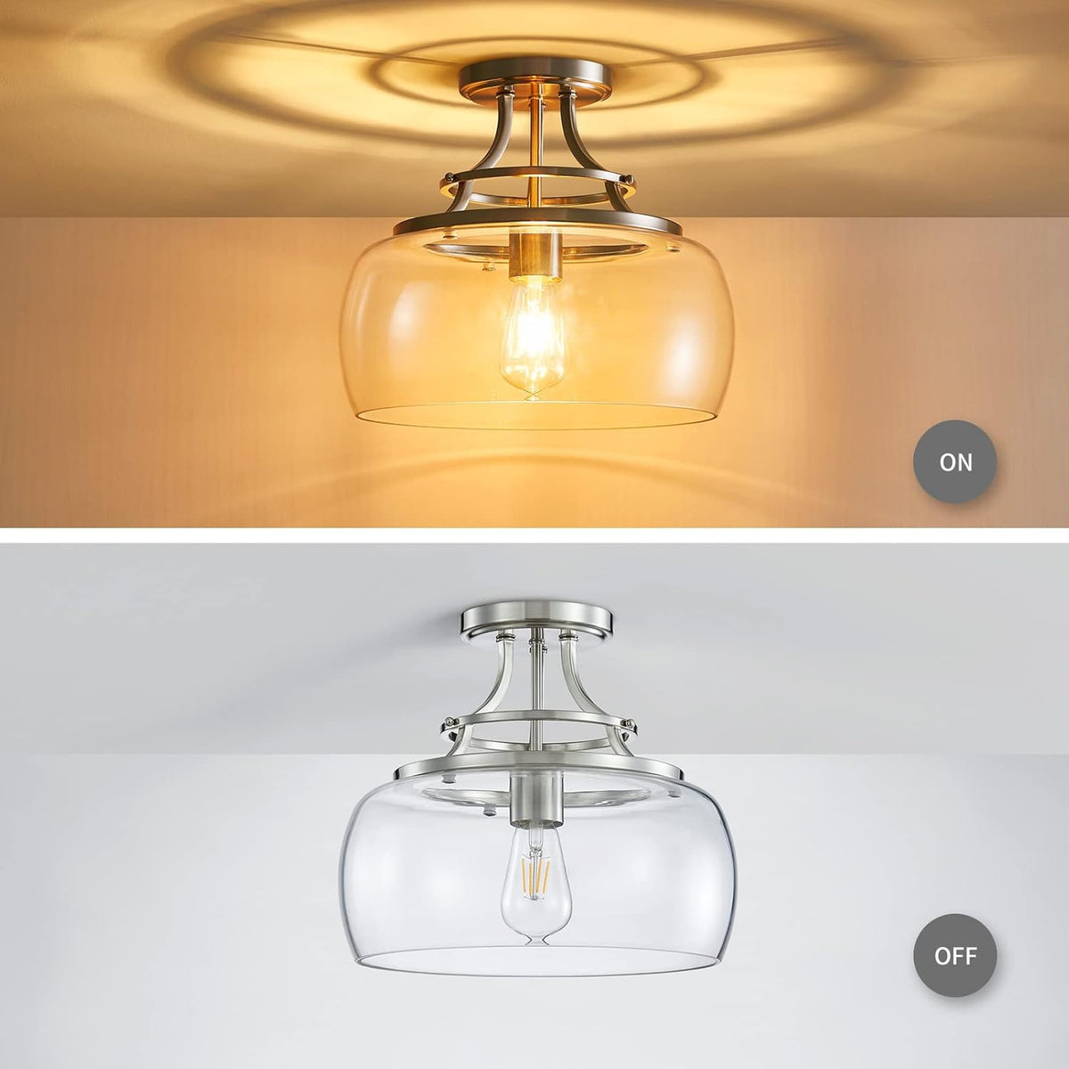 WUZUPS Chandelier Rustic Farmhouse Industrial Round Semi-flushmount Ceiling LED Light Fixture with Clear Glass Shades for Bathroom Kitchen Foyer Entryway, H 11.8" x W 13.4", E26 Base, Brushed Nickel
