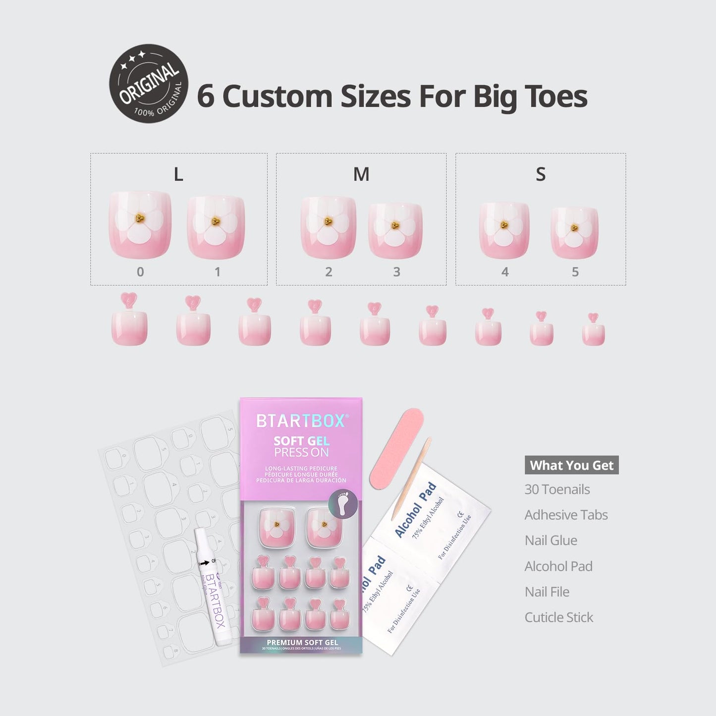 BTArtbox Press On Toenails Short - Orchard Burst, Easy-to-Apply Square Ombre Pink Toe Nail Press Ons with Glue and Adhesive Tabs in 15 Sizes - 30 Toenails All-in-One Kit