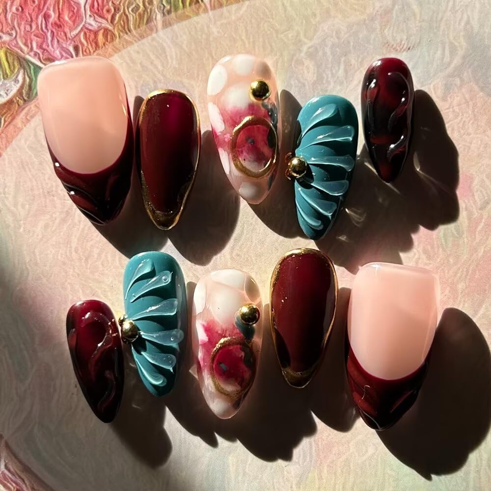 MAGLFELL Fall Press On Nails - Handmade GEL Medium Length Almond Fake Nails, Brown Rendering Painting Design, Reusable Artificial Almond False Nails for Women 10 Pcs Acrylic Nails Kit (Size M)