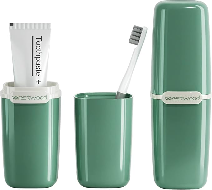 Green Plastic Travel Toothbrush Holder Case with Cover, Portable Travel Toothbrush Cup, Storage Container for School Camping Business Trip Bathroom