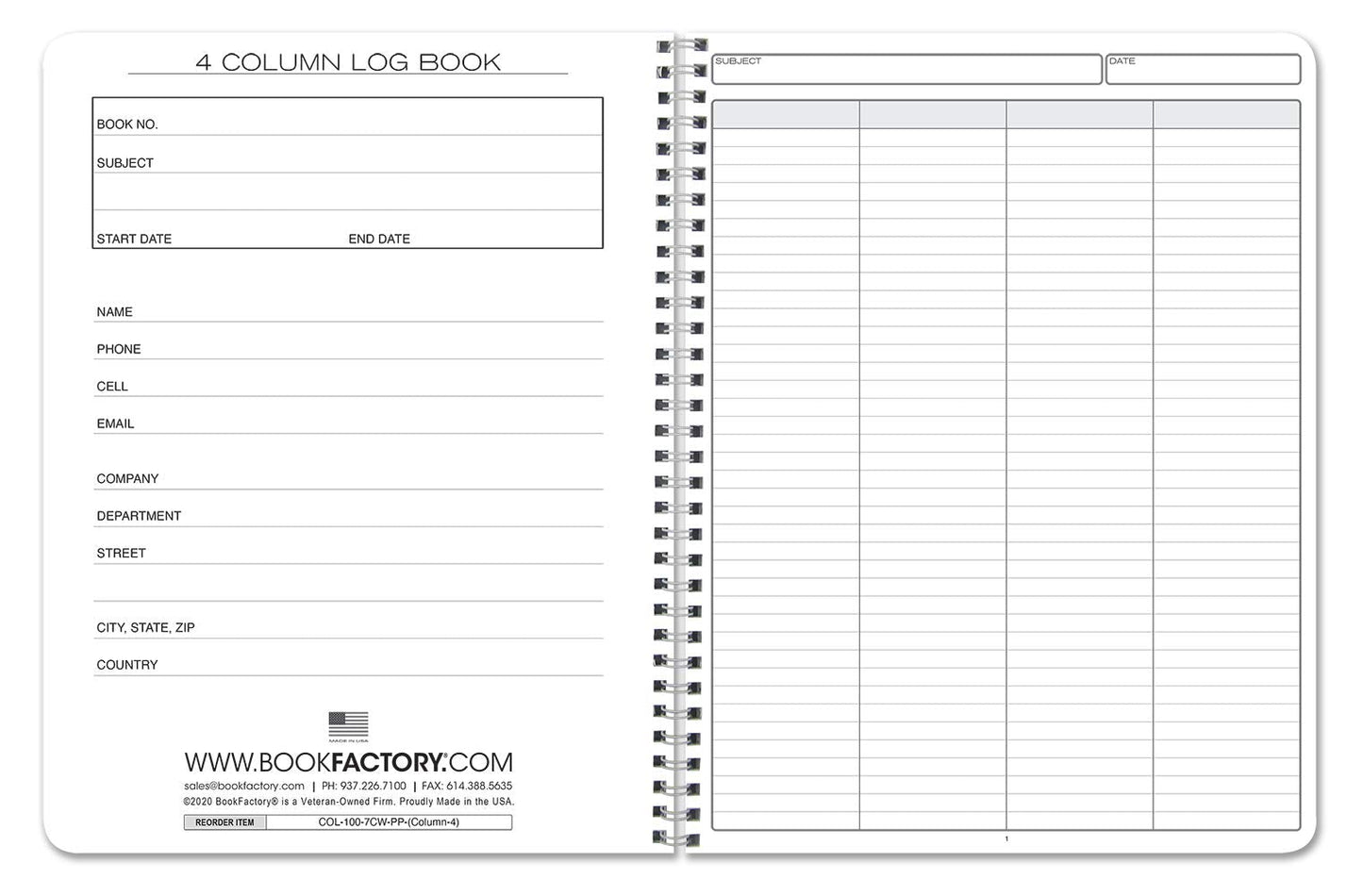 BookFactory 4 Column Log Book Columnar Logbook (Four Columns Notebook Format) - 100 Pages, 8.5'' x 11'', Wire-O (Made in USA)