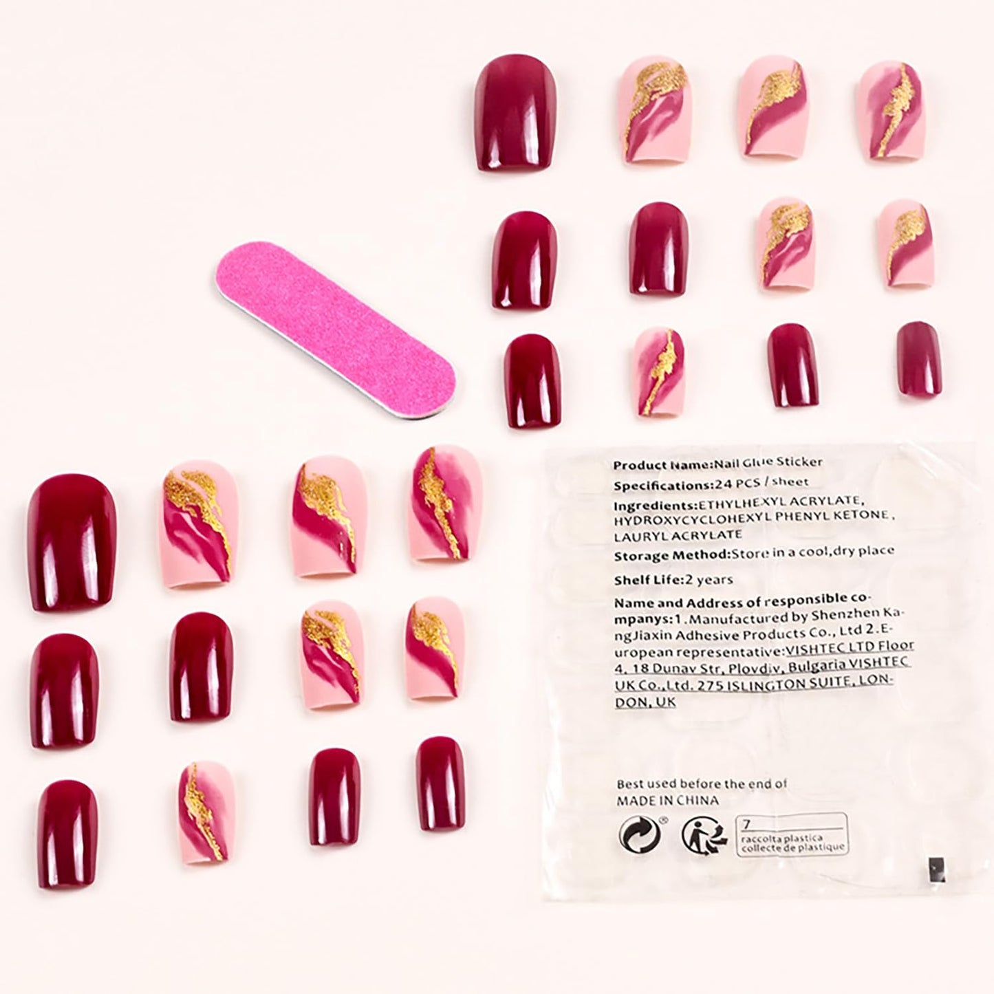 Vezocim Purple Press on Nails Square 24Pcs Glossy Full Cover Medium Acrylic Square False Nails with Gold Foils Designs Artificial Coffin Reusable Fake Nails Glue ons Fingernails for Women Girls