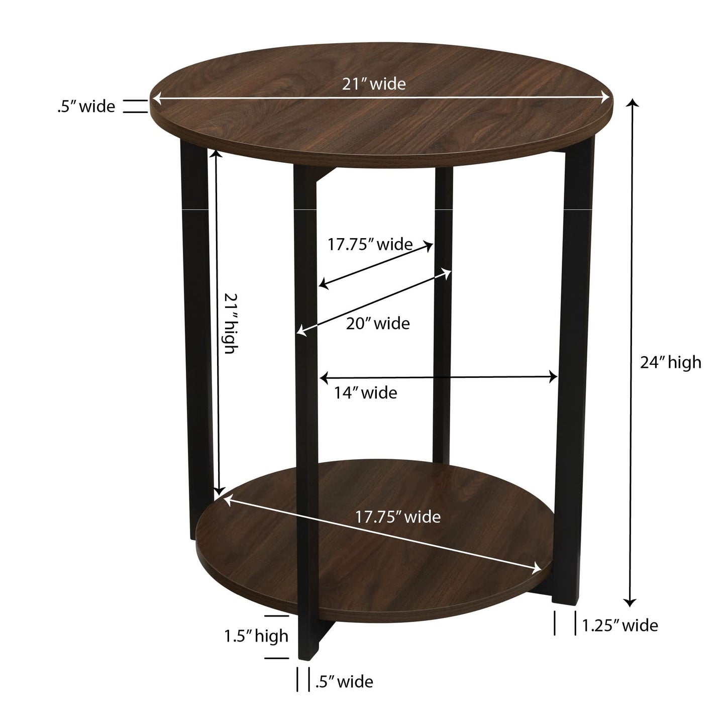Household Essentials Jamestown Round Side End Table with Storage Shelf Mid Century Walnut Wood Grain and Black Metal