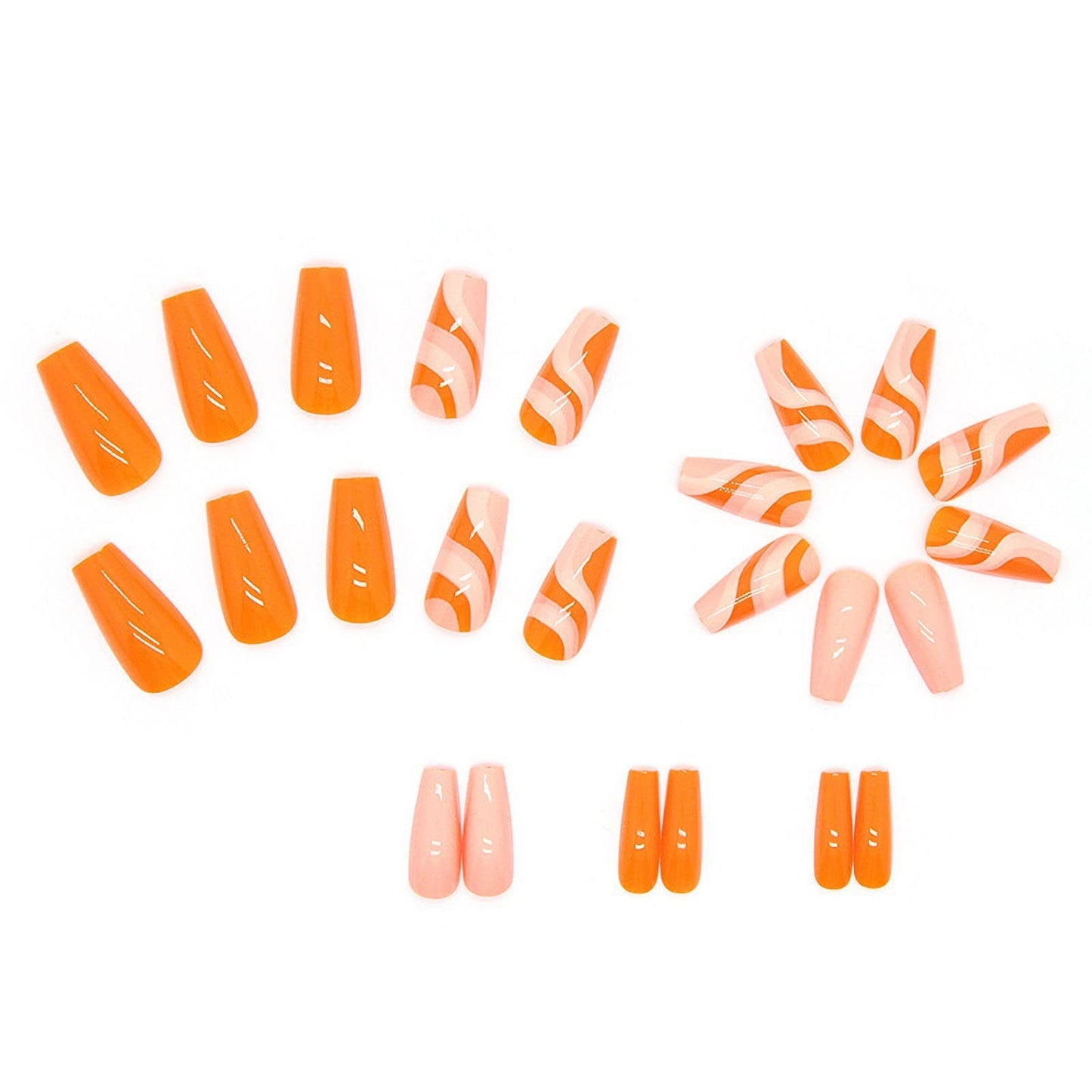 MISUD Press on Nails - Long Coffin Glue on Nails with Orange Swirl, Acrylic Summer Design 24 pcs