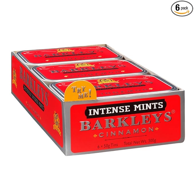 Barkleys Cinnamon Breath Mints -Strong Cool Cinnamon Candy, Breath Freshener, After Dinner Mints In Reusable Classic Travel Tins, Vegan, 6 Pack - 50 Count Each