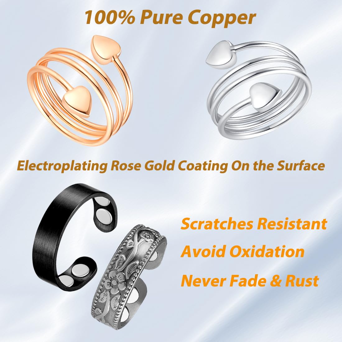 Vicmag Copper Magnetic Ring for Women, Magnetic Rings Ladies Fingers Thumb 100% Solid Pure Copper Jewelry Gift Adjustable (4PCS Snake+Plum+Surface)