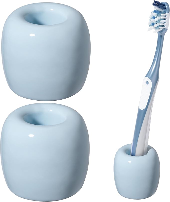 Urbanstrive Ceramic Toothbrush Holders for Bathrooms, Sleek Tooth Brush Holder Toothbrush Stand Tooth Brushing Holder, Portable Bathroom Accessories Organizer, Light Blue, 2 Pack