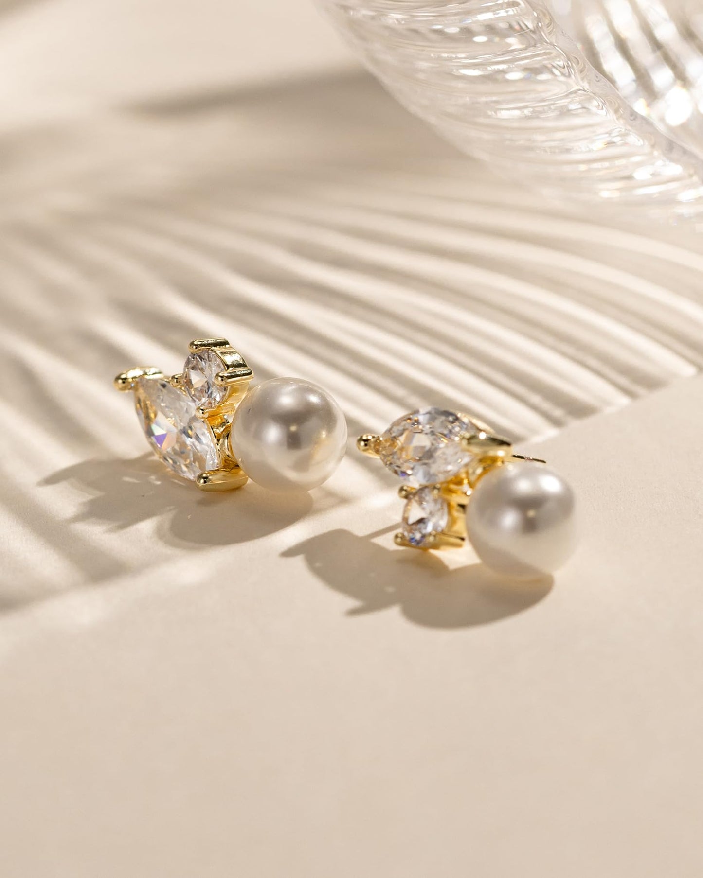 BSGRL Pearl Earrings - 14k Gold Plated Sparkle Cubic Zirconia Pearl Stud Earrings for Women Wedding Party Bridal