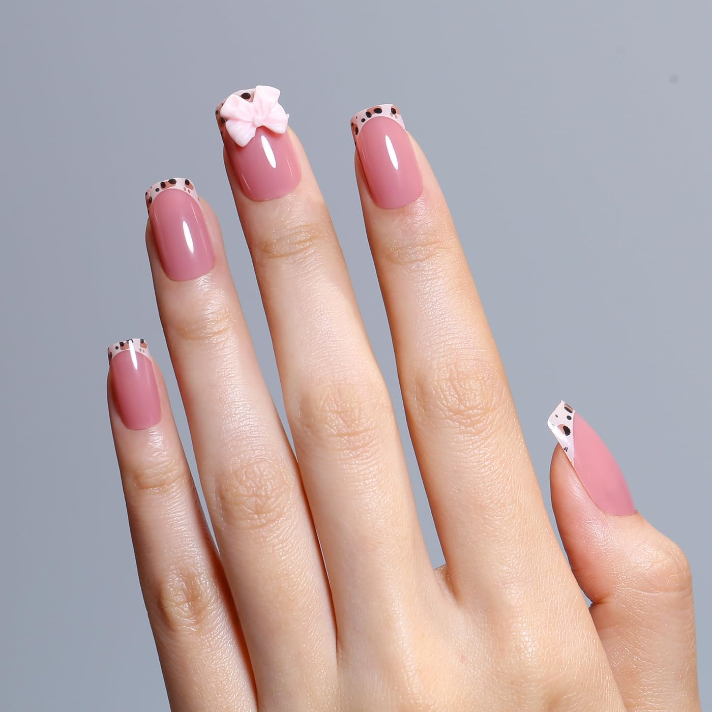 Goolich Leopard French Tip Press On Nails Medium Square, Nude Pink Nails Press ons Bow Charm with Adhesive Tabs, 24 Pcs 12 Size Reusable Full Cover Glue on Nails for Women