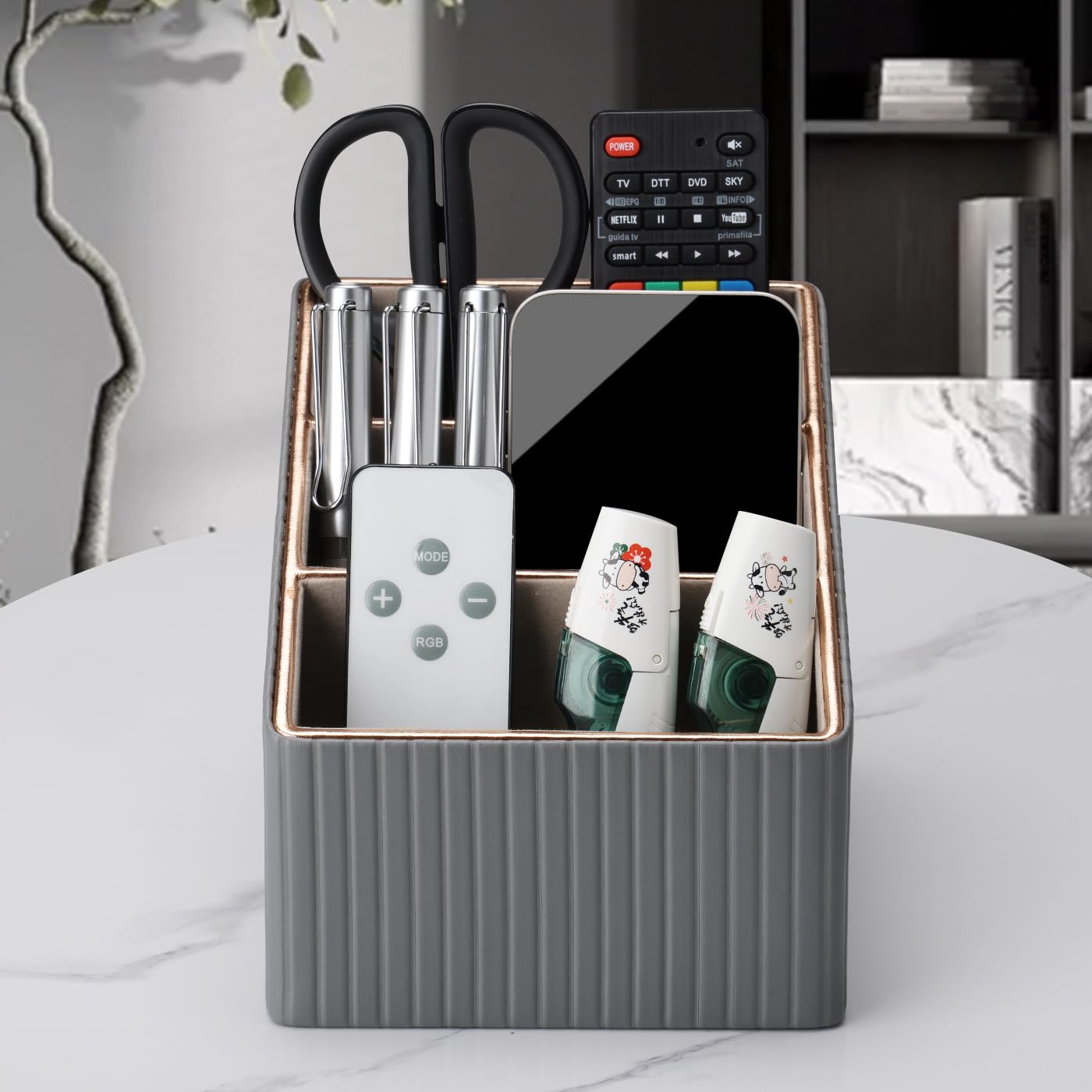 KINGFOM 3 Slot PU Leather Remote Controller Holder, Home Sundries Storage Box, TV Guide/Mail/CD Organizer/Caddy/Holder with Free Cable Desk Organizer (Gray)